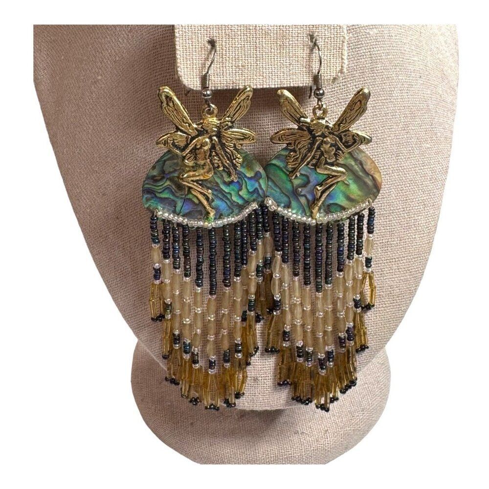 Fairy Abalone & Beaded Dangle Earrings Chandelier Gold Accents 5" Hook Fantasy